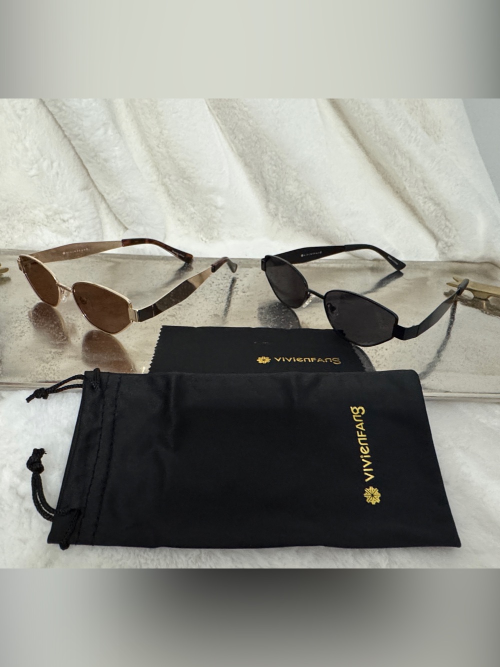 VivienFang Slim Metal Sunglasses — Brown Lenses, Gold Frame